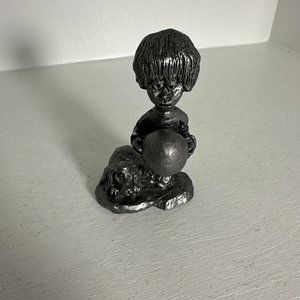 Handcrafted Solid XL Ricker Pewter Boy with Puppy Dog and Ball Signed MA Ricker